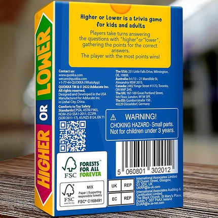 QUOKKA Trivia Board Games for Kids and Adults - Version V2.0 - Family Night Board Game 4xSet Higher or Lower Trivia Cards | Guess Fun Questions | 2 + Players - Challenge Your General Knowledge