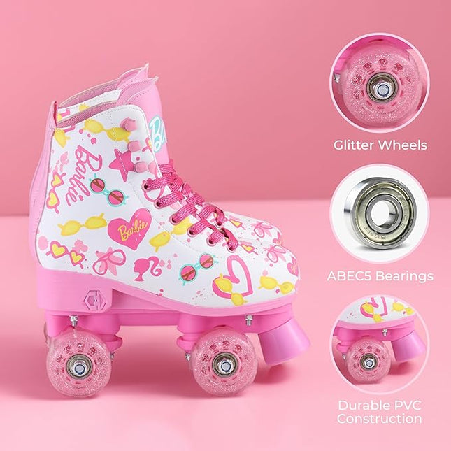 BARBIE Roller Skates for Girls - Adjustable Sizes 12-2, Glitter Wheels, ABEC 5 Bearings - Durable PVC Material, Foam Shoe Lining - Perfect for Active Fun and Adventures