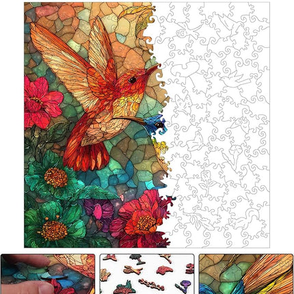 Glass Hummingbird Wooden Puzzles, 200 Pieces Jigsaw Puzzles 11.2 x11.2 inch, Unique Design Wooden Puzzles for Adults and Kids, Family Game Gift