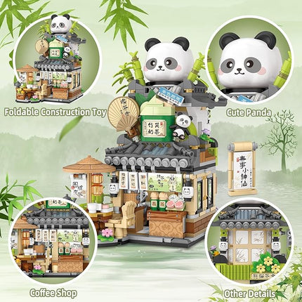 Street View Tea Shop Mini Building Blocks Set, Cute Panda Animals Building Toys Girls 6-12, Simulation Architecture Construction Toy, Birthday Gift for Kids Adults (860PCS)
