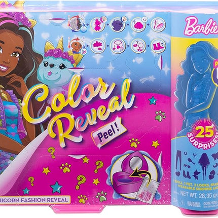 Barbie Color Reveal Peel Unicorn Fashion Reveal Doll Set with 25 Surprises Including Pink Peel-able Doll & Pet & 16 Mystery Bags with Clothes & Accessories for 2 Unicorn-Inspired Looks
