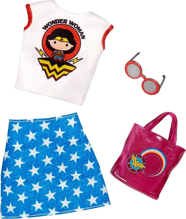 Barbie Clothes: Wonder Woman Outfit Doll with Graphic Top, Star-Print Skirt, Purse and Sunglasses, Gift for 3 to 8 Year Olds