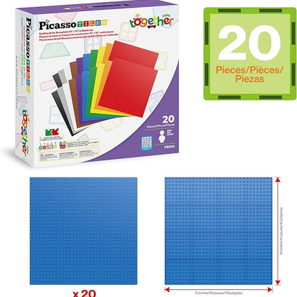 PicassoTiles Brick Baseplate Classic Building Block Foundation Kit 20 Pack 10"x10" Platform Multi Color Bricks Stud Blocks Compatible with All Major Brands STEM Construction Set Kids Ages 3+ PBS02