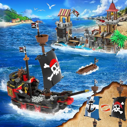 Pirate Castle Building Set with Light, 3 Modes Big Pirates Ship Bay Building Block 1502 PCS, Medieval Pirate Wharf House Construction Model Toy Home Decor for Adults Teens Boys Girls 10+