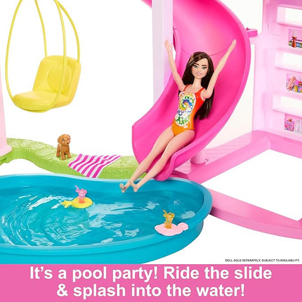 Barbie Dreamhouse, Pool Party Doll House with 75+ Pieces and 3-Story Slide, House Playset, Pet Elevator and Puppy Play Areas