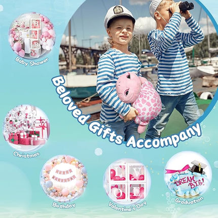 MorisMos Sea Turtle Stuffed Animal with Babies,14 in Mommy Turtle with 3 Baby Turtles Toys, 2 Plush Eggs inside Belly Pouch,Big-Eyed Stuffed Animal for Toddlers Kids,Pink Tortoise Gifts for Girls Boys