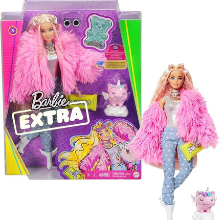 Barbie Extra Doll & Accessories with Pink-Streaked Blonde Crimped Hair in Fluffy Pink Coat with Pet Unicorn-Pig