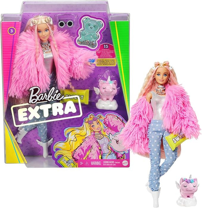 Barbie Extra Doll & Accessories with Pink-Streaked Blonde Crimped Hair in Fluffy Pink Coat with Pet Unicorn-Pig