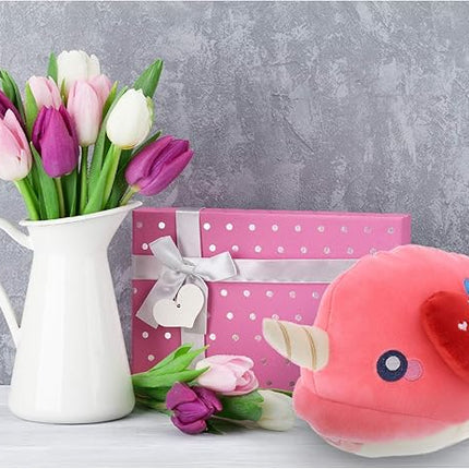 DolliBu I Love You Valentine Plush Pink Narwhal - Cute Stuffed Animal with Red Heart and Name Personalization Gift for Valentine's Day, Birthday, Anniversary - 11.75 Inches