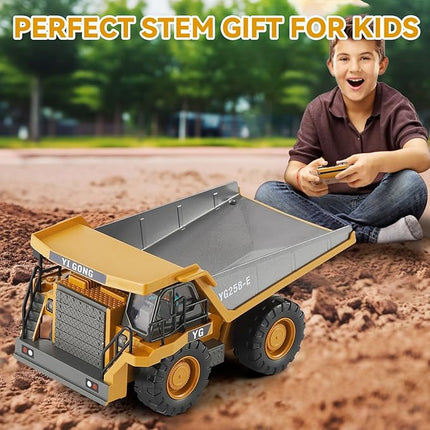 Remote Control Dump Truck, RC Construction Vehicle for Kids with 9 Channel Metal Bed Light Sound & Rechargeable Battery, Electric Transport Garbage Truck Toy for Toddlers Boys Girls Age 3+