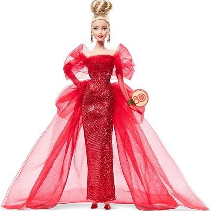 Barbie Signature Doll, Mattel 80th Anniversary Collectible in Glittery Red Tulle Gown with Drop Earrings and Sheer Gloves, Blonde Hair