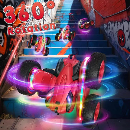 Remote Control Car,RC Cars with Sides Light Strip and Headlights,Double Sided 360 Flips Rotating RC Stunt Car,2.4Ghz All Terrain Toys for Ages 5-7 Kids Toy for Boys Girls Birthday Gift(Red)
