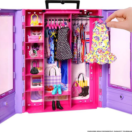 Barbie Fashionistas Ultimate Closet & 6 Hangars, Purple with Fold-Out Rack & Carrying Handle, Portable Storage for Fashion Doll Clothes & Accessories