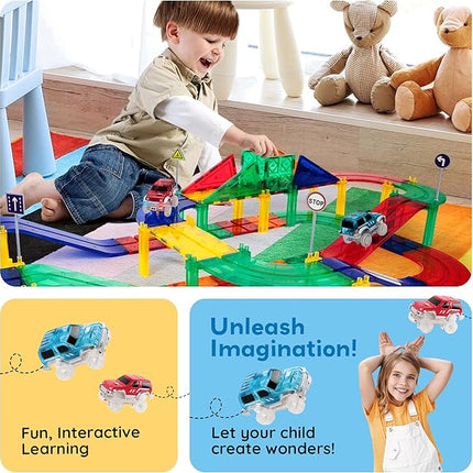 PicassoTiles 80pc Race Car Track Magnetic Tiles Building Block Educational Toy with 2 Light Up Cars Kids Toddler Toys Magnets Tile STEM Learning Construction Tracks for Fine Motor Skill Training PTR80