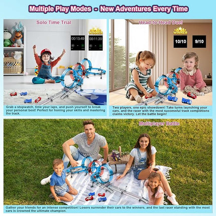 Toy Car Track Set Race with 4 Super Pull-Back Racing Cars, 360°Loops, Turns and Crossover High-Speed Racing Game Circular Overpass Track Gifts Birthday Toys for Boys Kids Age 6 7 8-12