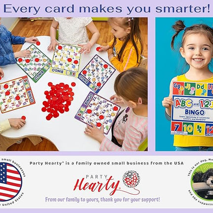 Party Hearty Alphabet and Number, ABC and 123 Bingo Board Game for Kindergarten and Preschool Kids Learn to Read Fun 2 Versions for Ages 4 and Up (Animal Edition)