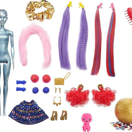 Barbie Color Reveal Glitter! Hair Swaps Doll, Glittery Blue with 25 Hairstyling & Party-Themed Surprises Including 10 Plug-in Hair Pieces, Gift for Kids 3 Years Old & Up