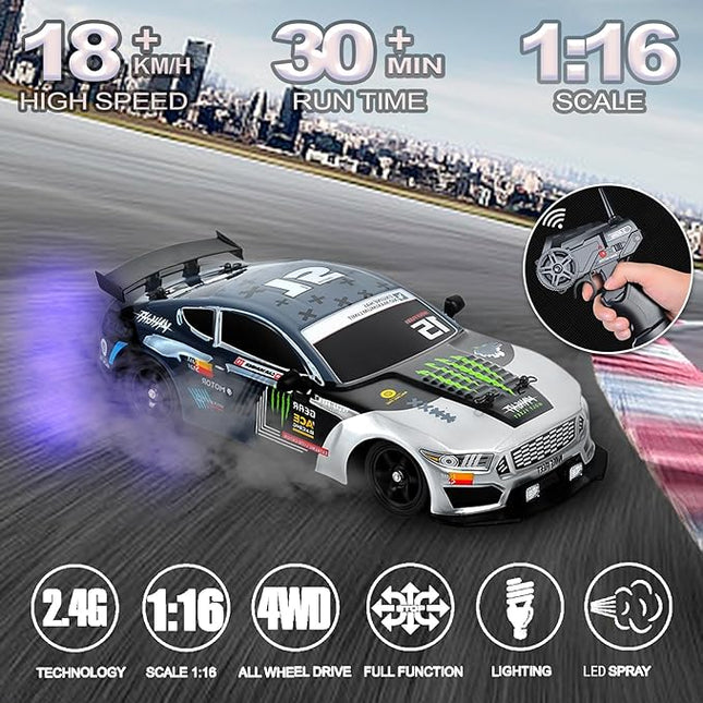 YUZ Remote Control Car RC Drift Car 1:16 Scale 4WD 18KM/H High Speed 2.4GHz 4 Model Vehicle with LED Lights Spray Racing Sport Toy Car for Adults Boys Girls Kids Gift Rechargeable Batteries, Gray