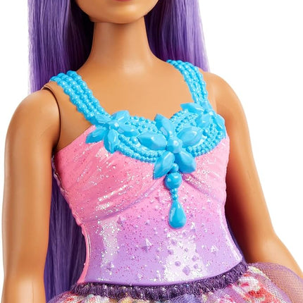 Barbie Dreamtopia Royal Fashion Doll with Curvy Body, Purple Hair & Sparkly Bodice Wearing Removable Skirt, Shoes & Headband Accessory