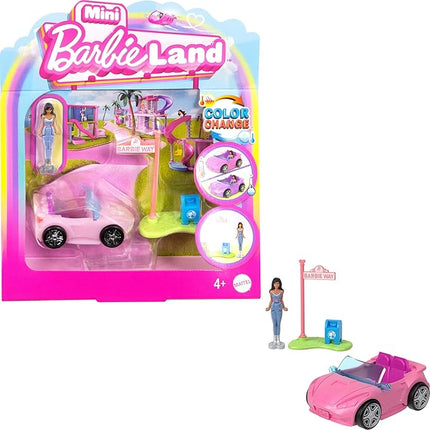 Barbie Mini BarbieLand Toy Vehicle Playset with 1.5-inch Doll & Convertible Car with Color-Change Surprise, Plus Street Sign Accessory