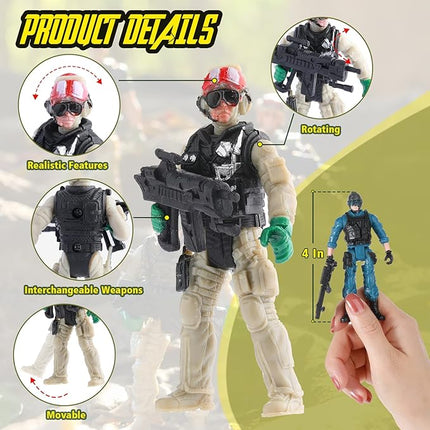 18 Pcs Special Forces Army Men Soldier Combat Movable Action Figures Army Guys Plastic Toy Soldiers Playsets Military Toy Men with Military Weapons and Accessories for Teens Party Decoration, 4 Inch