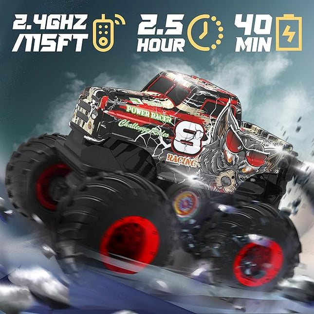 BEZGAR Monster Truck Toys - Remote Control Monster Truck with Light & Music, Dinosaur Truck for Kids, 1:20 Scale RC Truck with 360° Spins and Drifting, Remote Control Car for Boys 4-7 Red