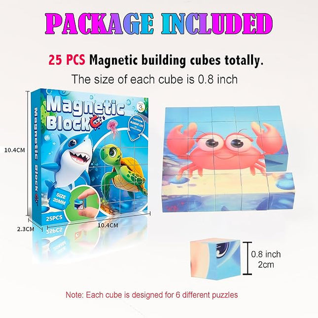 Magnetic Blocks Building Toy,Ritastar 25pcs Mine Stacking Magnet Build Cubes Cartoon Pattern World,STEM Sensory Construction Toys for Kids Gift,Educational Jigsaw Puzzle Set with 3D Sea Animal Designs