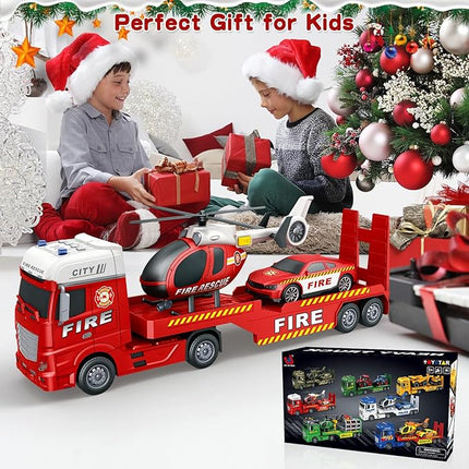 Toddler Boy Toys for 4 5 6 Year Old - 25'' Large Fire Truck Toy with Helicopter and Racing Car - Flatbed Semi Truck Firetruck Toy Birthday Gift with Sound, Light, 28pcs Traffic Signs, Kids Toys