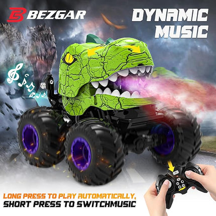 BEZGAR Monster Truck Toys - Remote Control Monster Truck with Spray, Light, Music, Dinosaur Toys for Kids, 1:20 Scale RC Truck with 360° Spins and Drifting, Remote Control Car for Boys 4-7 Green
