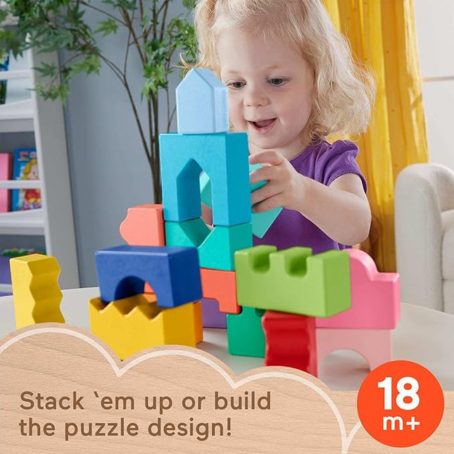 Fisher-Price Wood Toddler Toy Interlocking Blocks Stacking Jigsaw Puzzle with 20 Wooden Pieces for Kids Ages 18+ Months