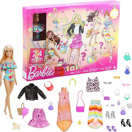Barbie Advent Calendar with Barbie Doll (12-in), 24 Surprises Including Day-to-Night Trendy Clothing & Accessories, Festive Holiday Themed Packaging for Kids 3 to 7 Years Old