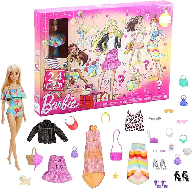 Barbie Advent Calendar with Barbie Doll (12-in), 24 Surprises Including Day-to-Night Trendy Clothing & Accessories, Festive Holiday Themed Packaging for Kids 3 to 7 Years Old