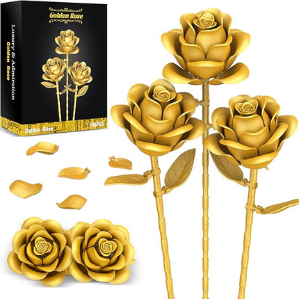 Gold Roses Flower Building Set - 3 Roses Bouquet Botanical Building Blocks for Adult, Home Decor Romantic Anniversary Valentine's Day Gift for Her, Wife, Girlfriend, Mom