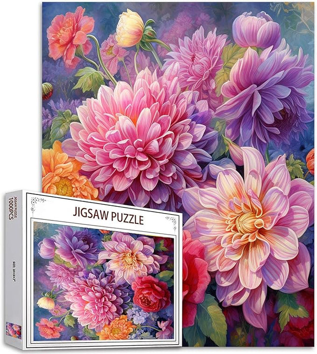 Garden Flowers Jigsaw Puzzles 1000 Pieces for Adults, Families (Dahlias Flowers,Tropical Plants, Leaves) Pieces Fit Together Perfectly 19.7''x27.6''inch Wildflowers Frameable Magic Puzzle Art（Red）