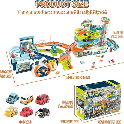 Fisca 2-in-1 Race Car Tracks PlaySet for Kids, Toy Car Ramp Track and Lifting Parking Lot, Dual Mode Toddler Car Track Toy Playset with 6 Cars, Automatic Rotary Elevator, Steering Wheel Music Driving