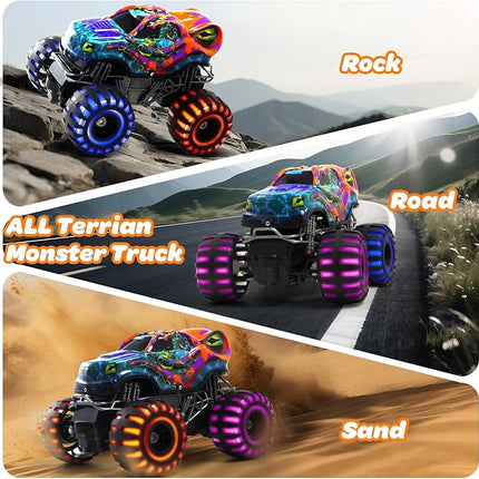 Remote Control Monster Truck, RC Truck with LED Lights, 2.4GHz All Terrain Monster Trucks Toys, Remote Control Car for Boys 4-12 for Kids Christmas Birthday Gifts