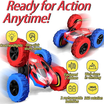 Threeking RC Stunt Car Remote Control Cars with Lights Double-Sided Driving Indoor Outdoor Toys Gifts Presents for 6 7 8 9 10 11 12 Year Old Kids Boys Girls