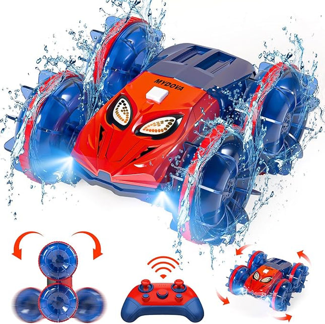 4WD Waterproof RC Car, 2.4 GHz Amphibious Remote Control Monster Truck Remote Control Boat for Kids, 360°Rotation Stunt Cars with LED Lights, All Terrain Water Beach Pool Toy for Boys Girls Gifts