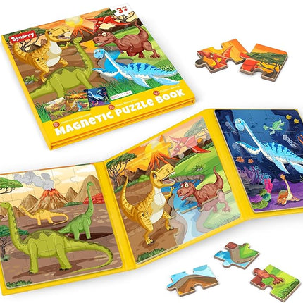 SYNARRY Magnetic Dinosaur Puzzles for Kids Ages 3-5, 20 Pieces Puzzles for Toddlers 4-6, Easter Basket Stuffers Valentines Day Gifts for Kids, Car Airplane Road Trip Activities Toys for Boys Girls