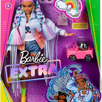 Barbie Extra Doll & Accessories with Rainbow Braids in Long-Fringe Denim Jacket with Pet Puppy and Car for Pet