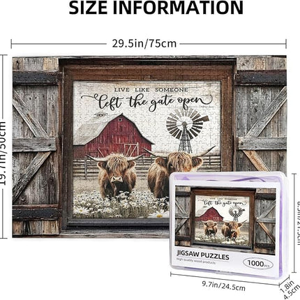 Highland Cow Jigsaw Puzzles 1000 Pieces for Adults, Farm Animal & Daisies Country Scene, Rustic Window View Wooden Puzzle, Relaxing Nature Art & Farmhouse Decor Gift