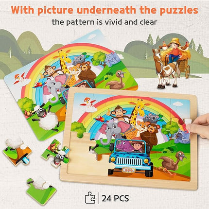 SYNARRY Large Animals Wooden Puzzles for Kids 4 in 1 Gift Box(12.2 * 9.4 in) - FSC Certified, Jigsaw Puzzles for Toddlers 3-5, Puzzles for Kids Ages 4-6, Easter Valentines Day Gifts Toys for Kids