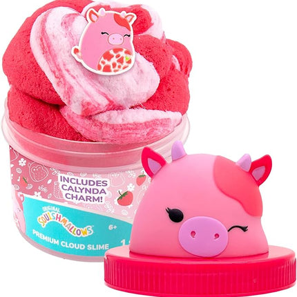 Original Squishmallows Calynda The Cow Premium Cloud Slime, Strawberry Scent, 8 oz. Jar Storage Container with Figurine Topper, Rubber Charm, Goodie Bags Stuffers, Kids Party Favors, Sensory Toys