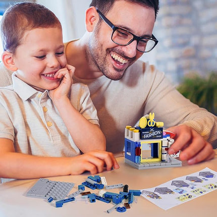 8 Packs Mini City Shop Street View Building Blocks Kit,MOC Construction Creative Educational Kit with Hair Salon & Café Store,Girls Boys Dream Toy Set,Christmas Birthday Party Favors for Kids