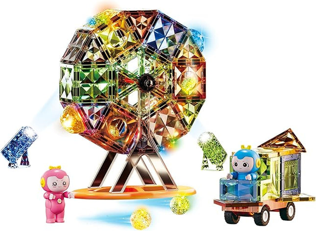 Deluxe Quality Magnetic Tiles Building Set with Attractive Reflective Pattern, LED Lights, Marble Run, and Cars - STEM Educational Toy for Creative Kids Girls Boys 3+ (87 pcs Ferris Wheel)