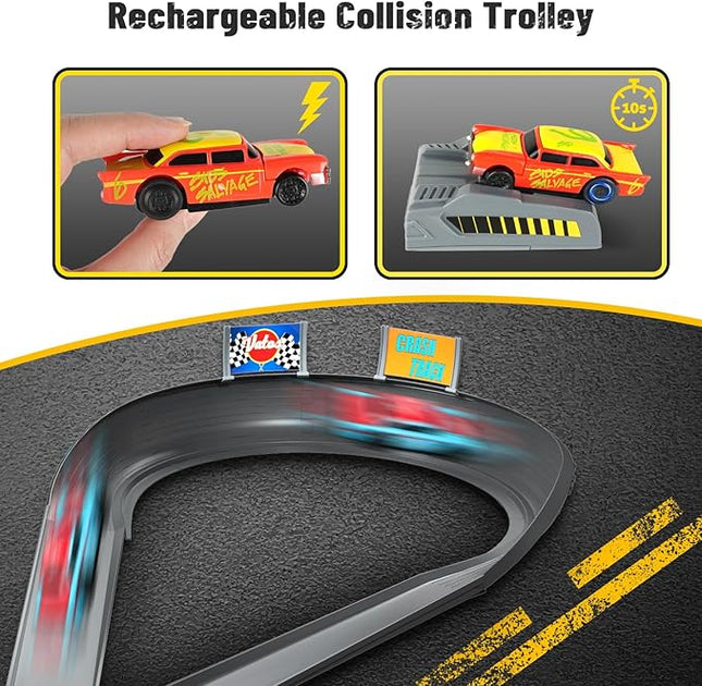 VATOS Slot Car Track Set for Kids, 4 Rechargeable Crash Race Cars, 2 Accumulator Chargers, 2 in 1 DIY Slot Car Race Cars Toy for Boys Girls 3 4 5 6 7 8 9 10 Years Old