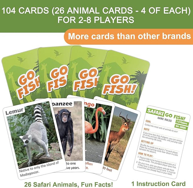 BenBen Go Fish Card Game for Kids, 104 Picture Cards, Jumbo Size, Safari Animal Learning Playing Cards, Memory Matching Games with Real Photos Fun Facts, 2-8 Players, Easter Basket Stuffers