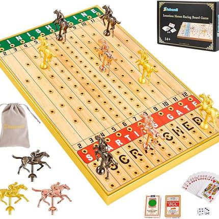 Luxurious Horse Race Board Game Horse Racing Board Game Colorful Metal Grommets with 11 Durable Metal Horses 2 Dice and 2 Boxes of Cards (Gold Grommets)