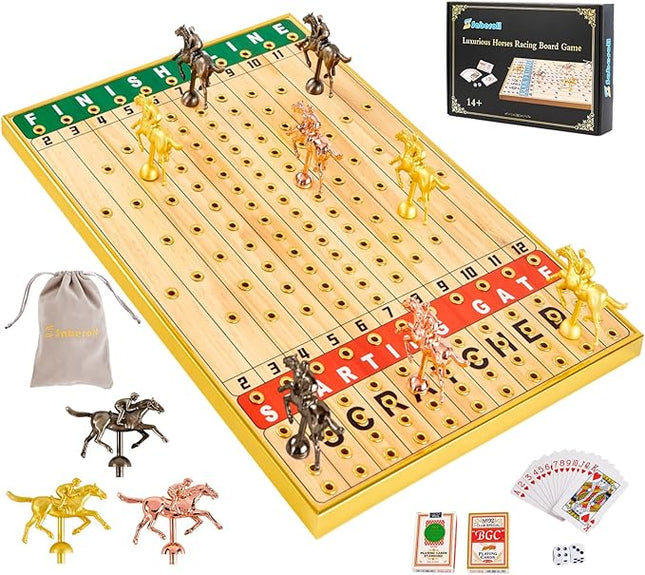 Luxurious Horse Race Board Game Horse Racing Board Game Colorful Metal Grommets with 11 Durable Metal Horses 2 Dice and 2 Boxes of Cards (Gold Grommets)