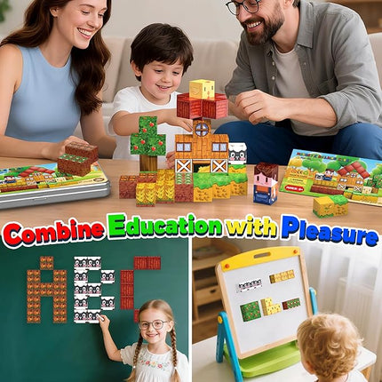 Farm Animal Magnetic Building Blocks Travel Toys, 35PCS Magnetic Cubes for Kids 3-8, Portable STEM Building Tiles with Metal Storage Box, Toddler Learning Toys for Ages 3-5，Fun Gifts, Classroom Prizes